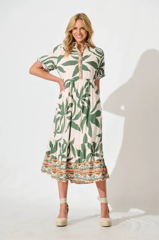 Elestria Midi Smock Dress in Cream with Green Leaf sold by St Frock