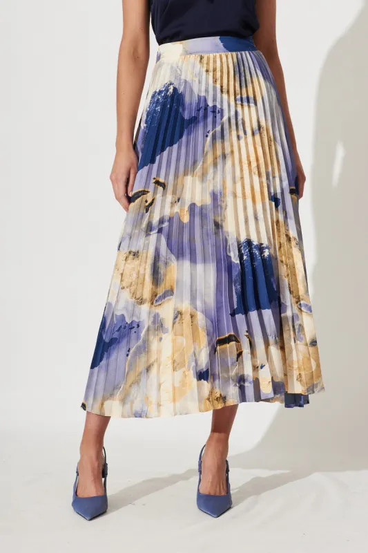 Allison Midi Pleat Skirt In Blue With Beige Print Satin sold by St Frock
