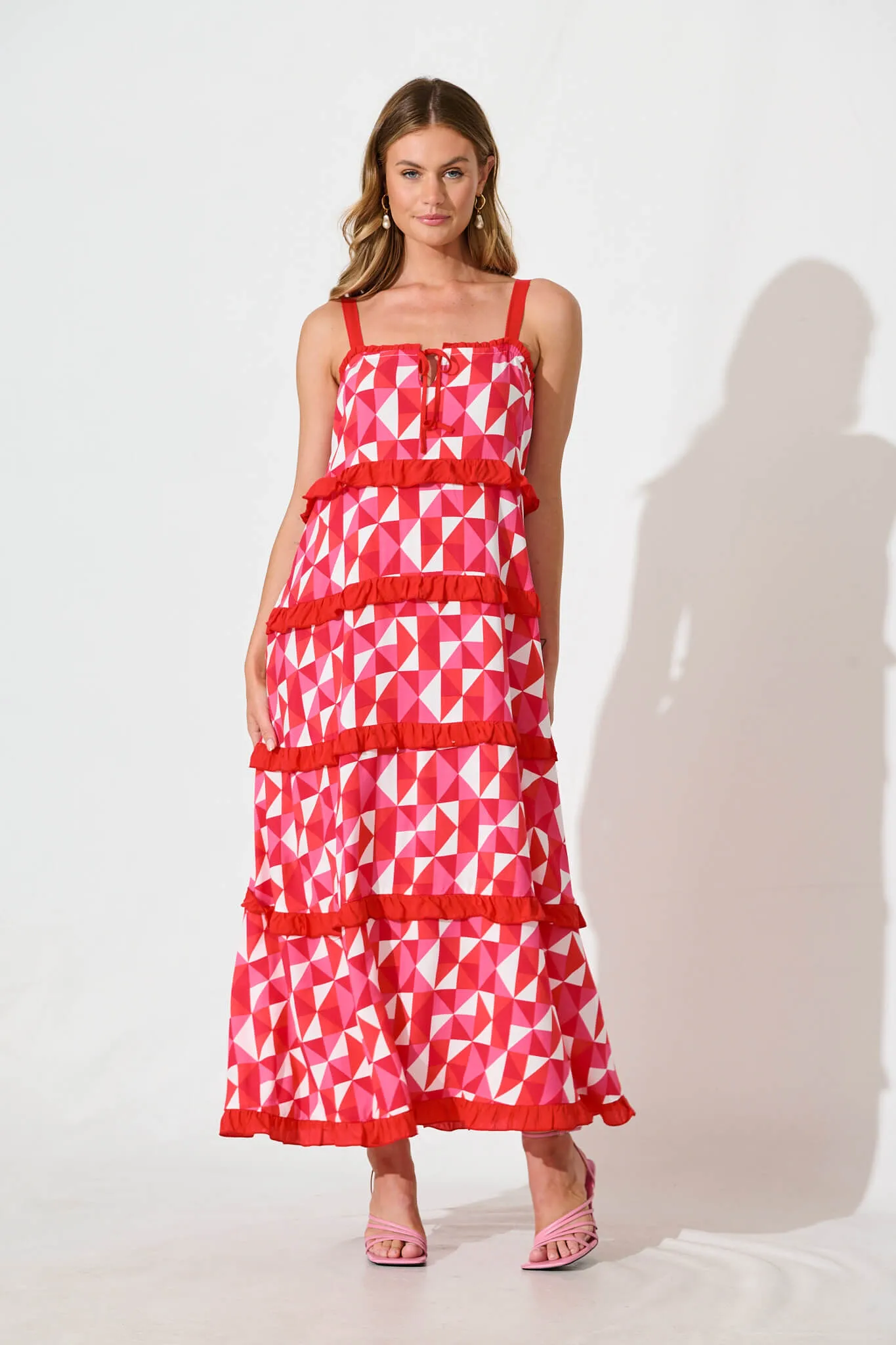 Cardelle Maxi Sundress In Pink and Red Geometric sold by St Frock