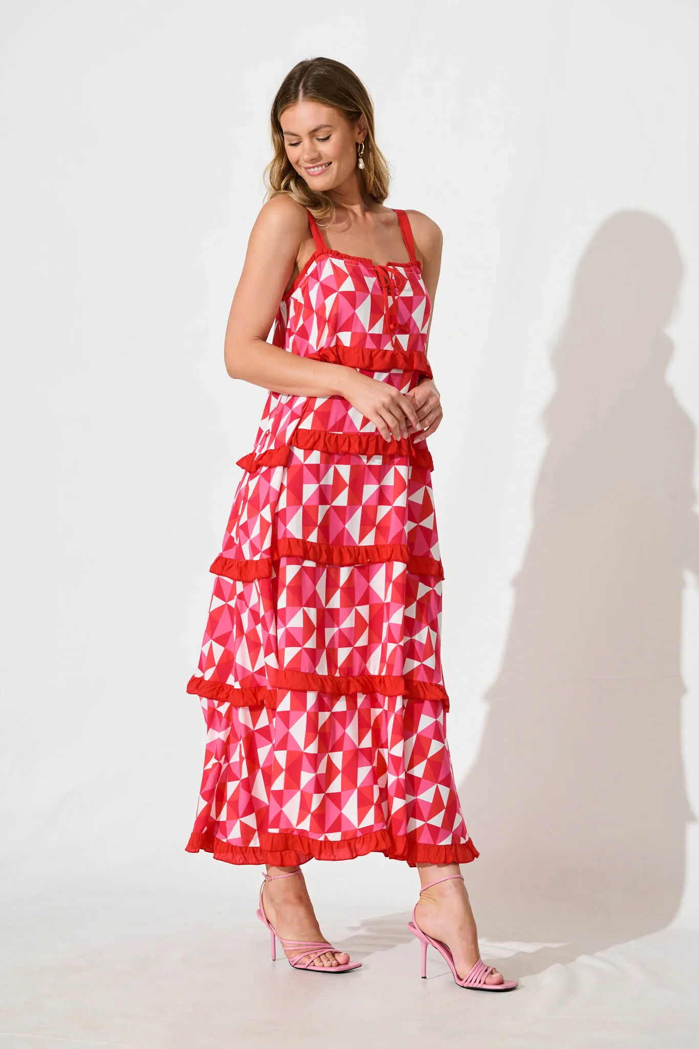 Cardelle Maxi Sundress In Pink and Red Geometric sold by St Frock product image thumbnail 3