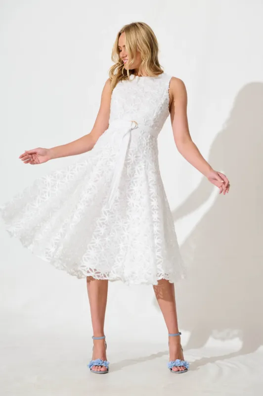 Osment Midi Dress In White Floral Embroidered Tulle sold by St Frock