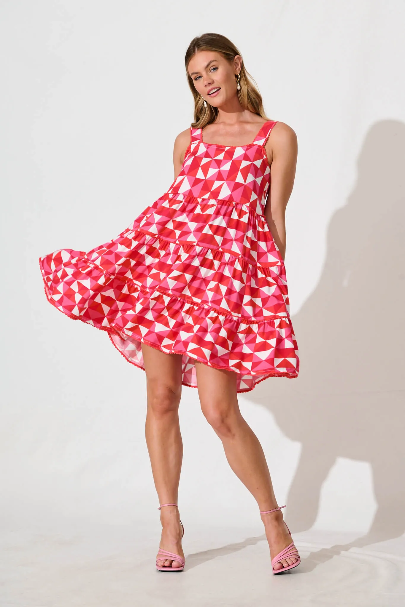 Coastal Sundress In Pink and Red Geometric sold by St Frock