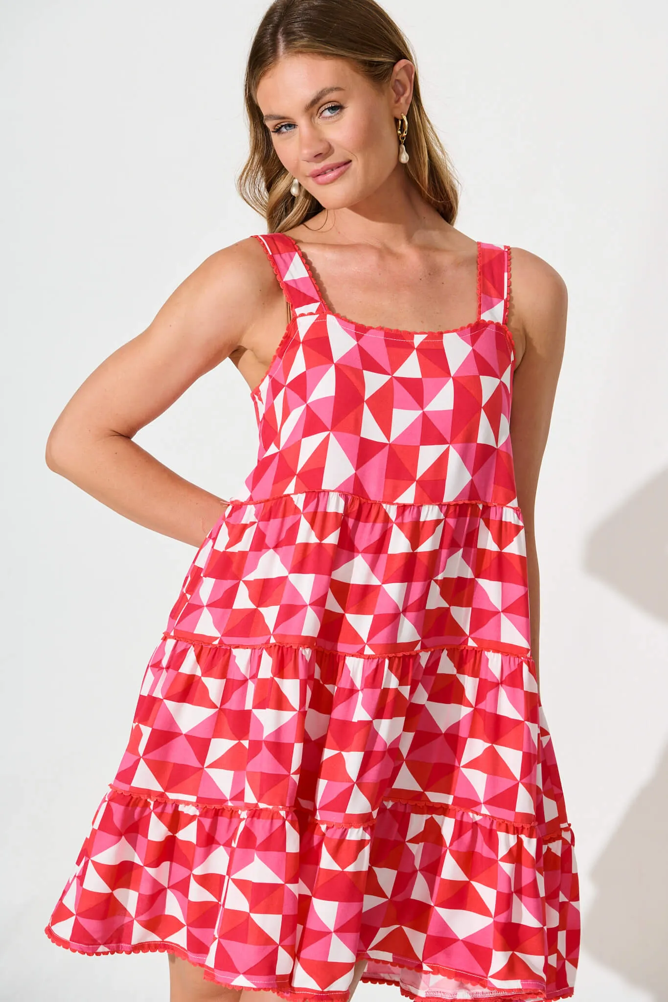 Coastal Sundress In Pink and Red Geometric sold by St Frock product image thumbnail 2
