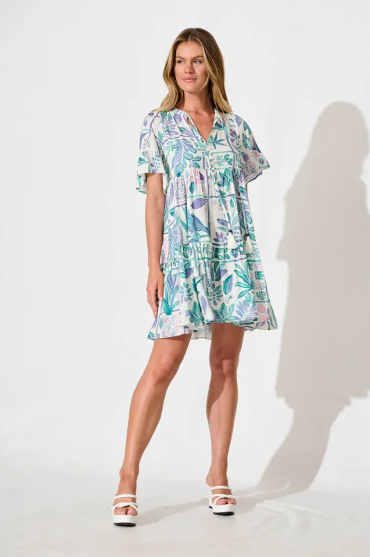Northcote Smock Dress in White with Green and Blue Leaf sold by St Frock