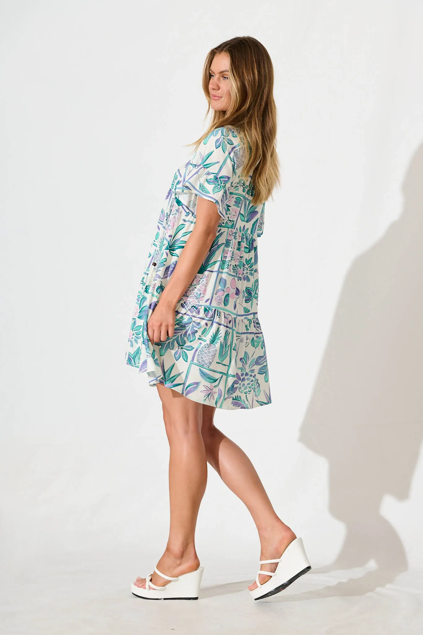 Northcote Smock Dress in White with Green and Blue Leaf sold by St Frock product image thumbnail 3