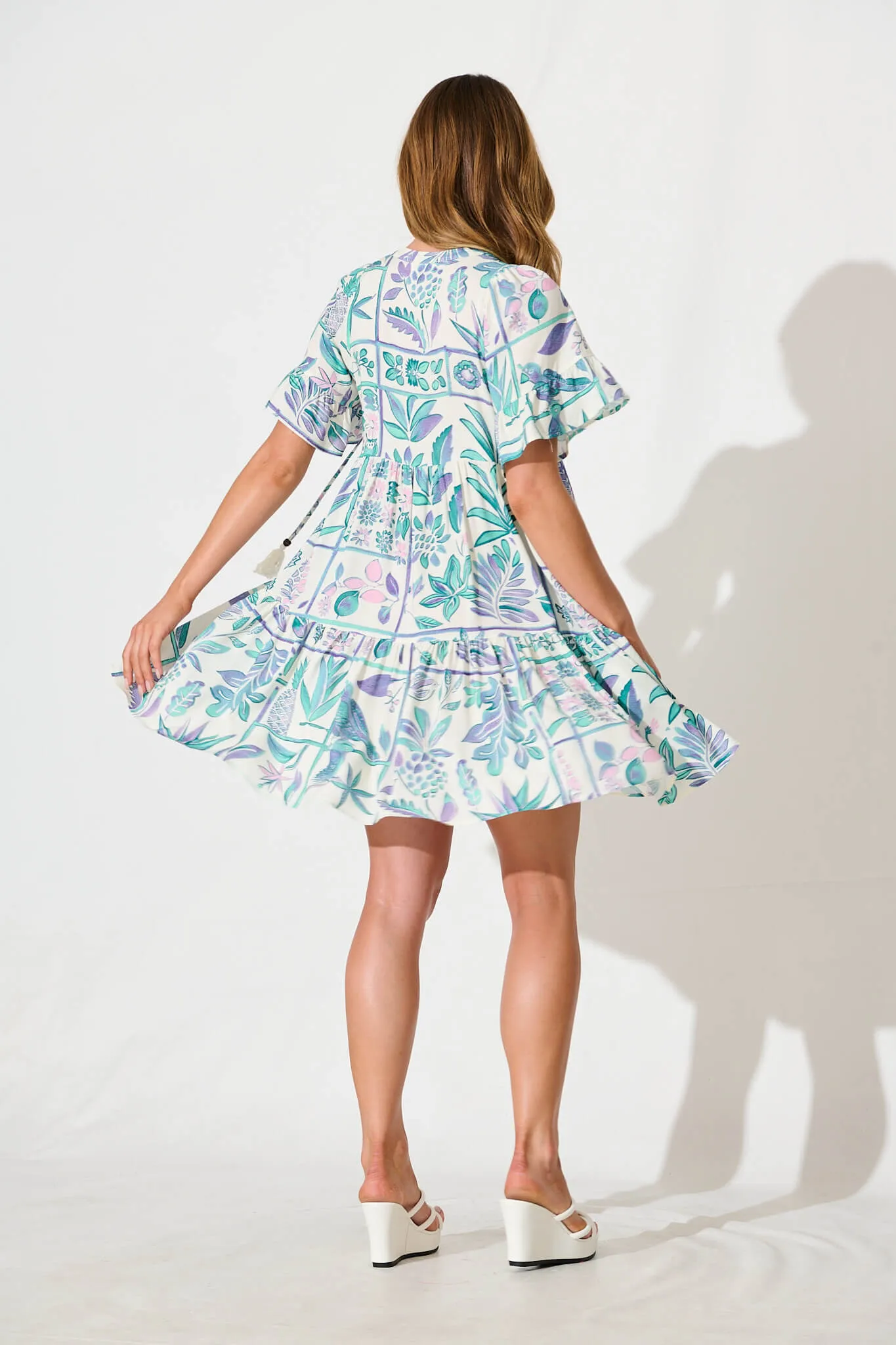 Northcote Smock Dress in White with Green and Blue Leaf sold by St Frock product image thumbnail 4