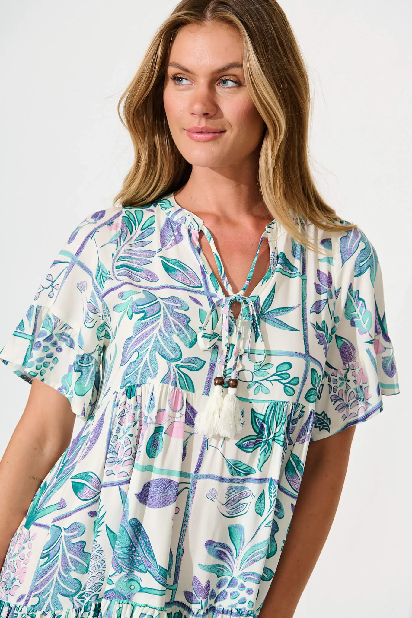 Northcote Smock Dress in White with Green and Blue Leaf sold by St Frock product image thumbnail 5