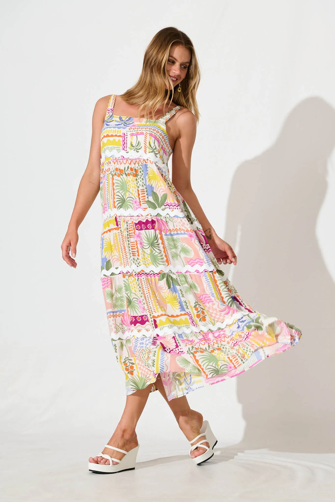 Jolie Maxi Sundress In Multi Palm Print With Ric Rac Trim sold by St Frock product image thumbnail 3