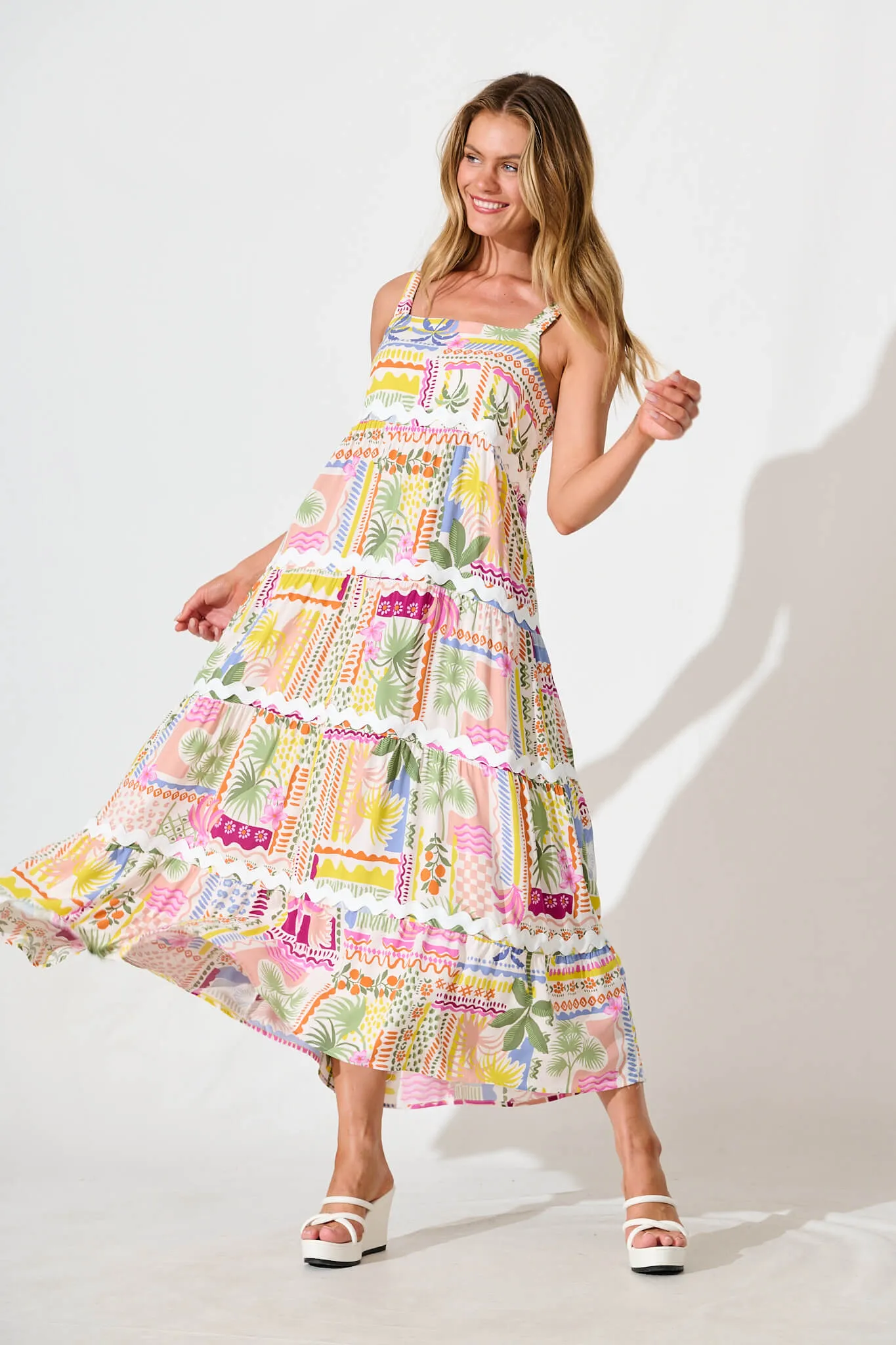 Jolie Maxi Sundress In Multi Palm Print With Ric Rac Trim sold by St Frock