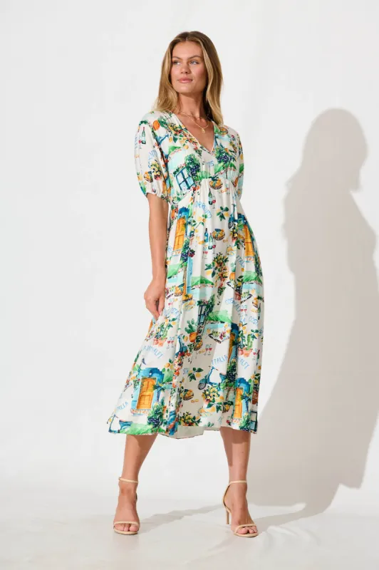 Shelly Midi Dress in White with Multi Summer Print sold by St Frock