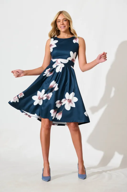 Jardin Dress in Navy with Cream Floral sold by St Frock