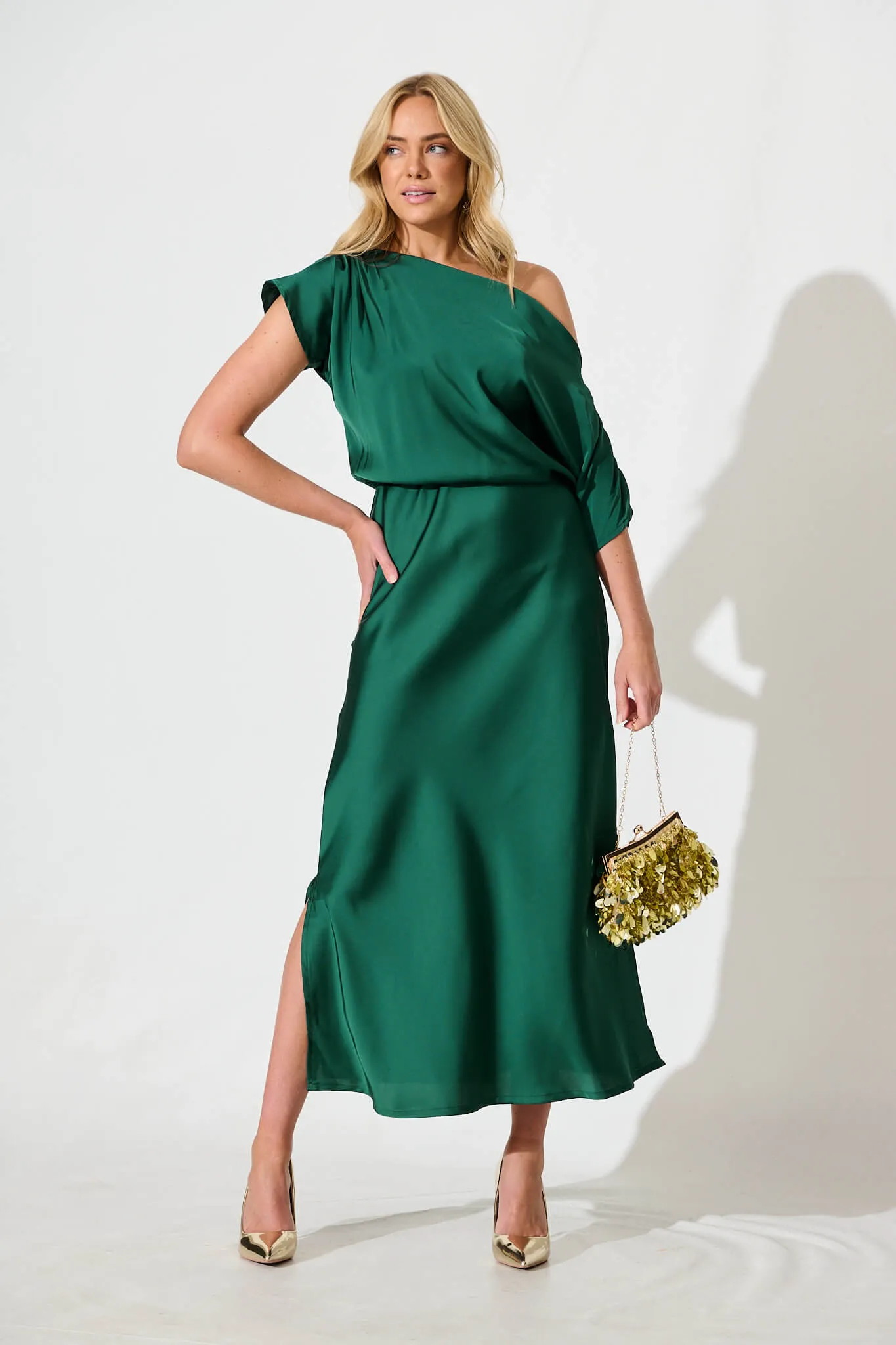 Sarita Maxi Off Shoulder Dress in Emerald Green Satin sold by St Frock product image thumbnail 2