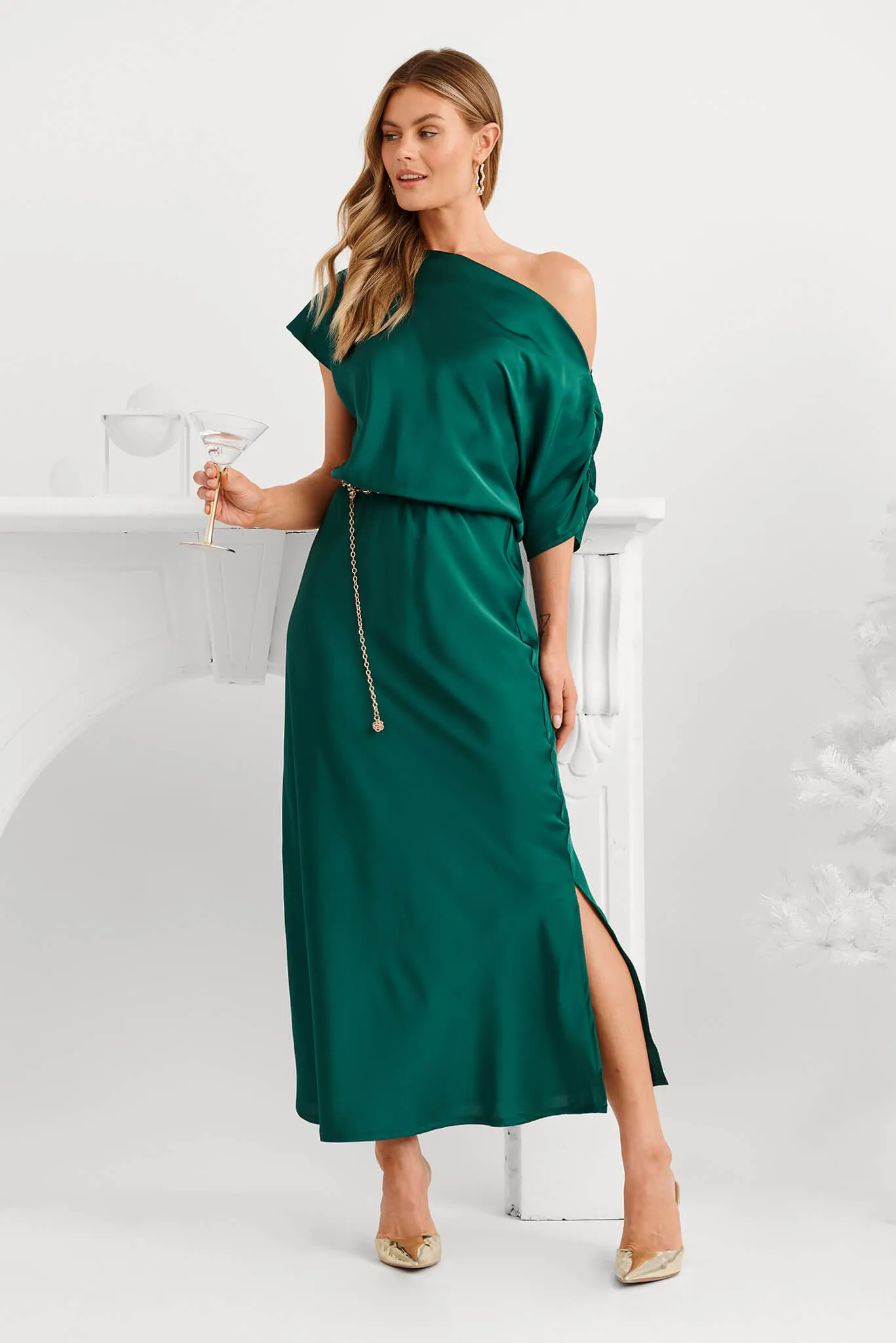 Sarita Maxi Off Shoulder Dress in Emerald Green Satin sold by St Frock