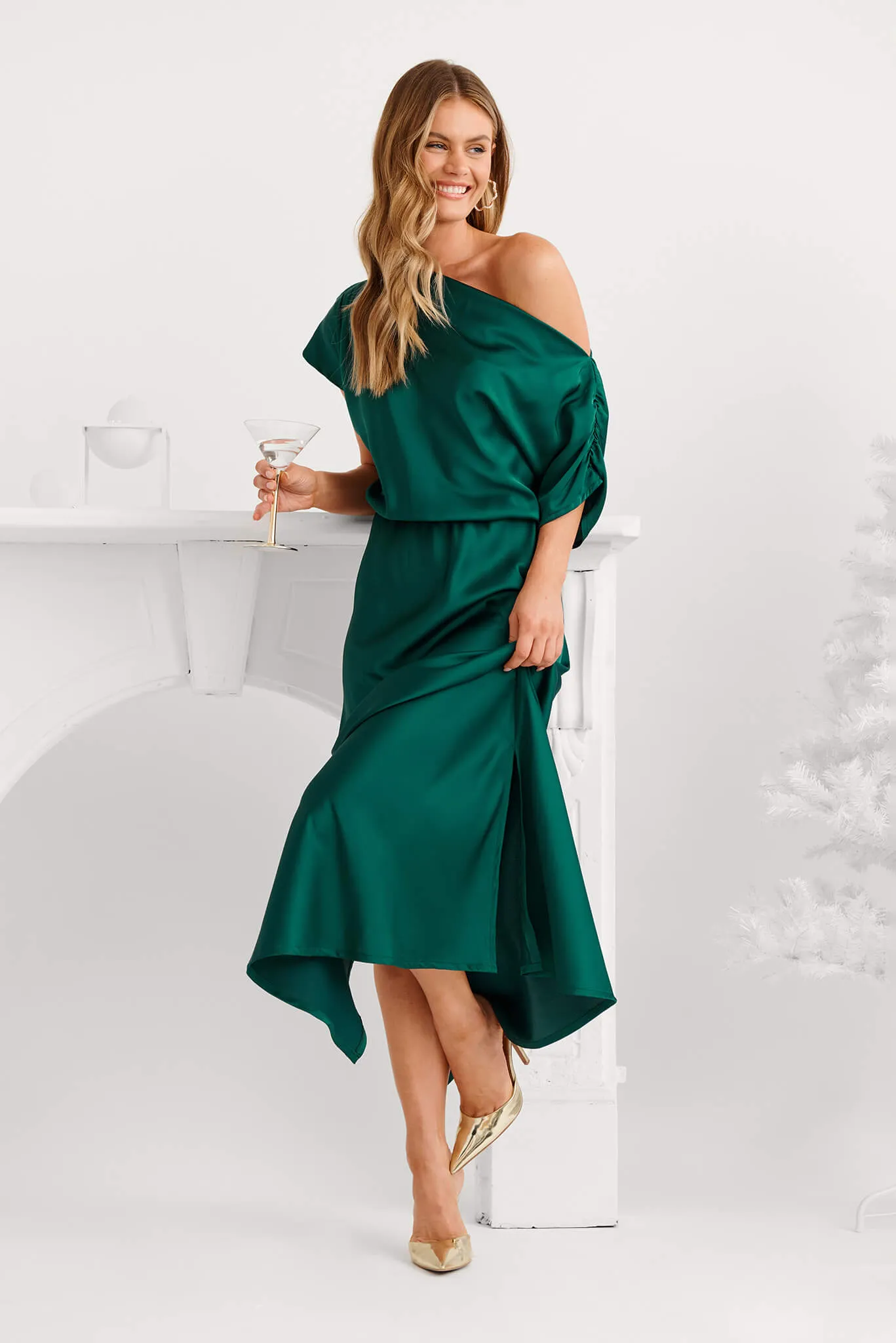 Sarita Maxi Off Shoulder Dress in Emerald Green Satin sold by St Frock product image thumbnail 4
