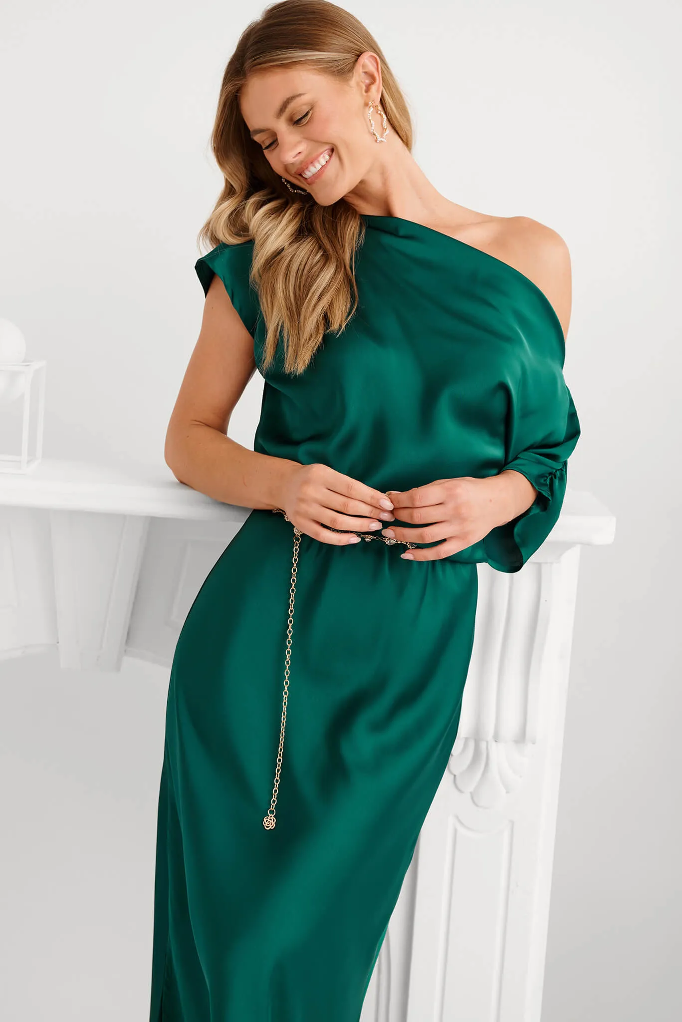 Sarita Maxi Off Shoulder Dress in Emerald Green Satin sold by St Frock product image thumbnail 3