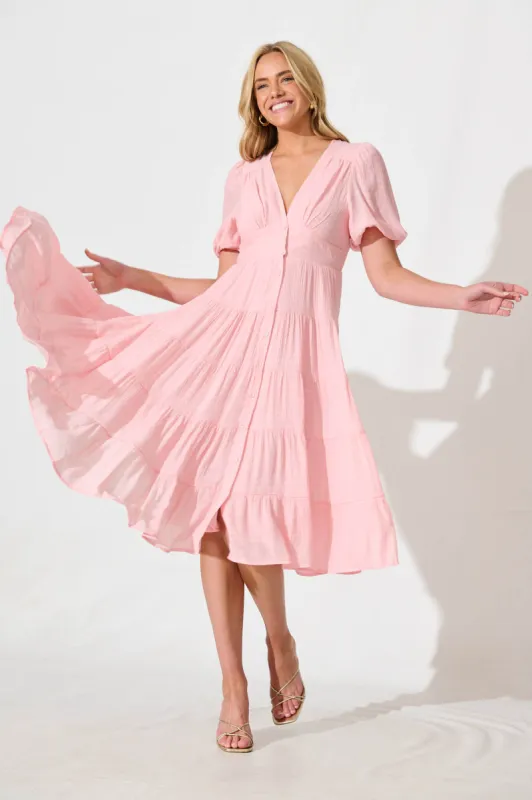 Modica Midi Dress in Pale Pink Chiffon sold by St Frock