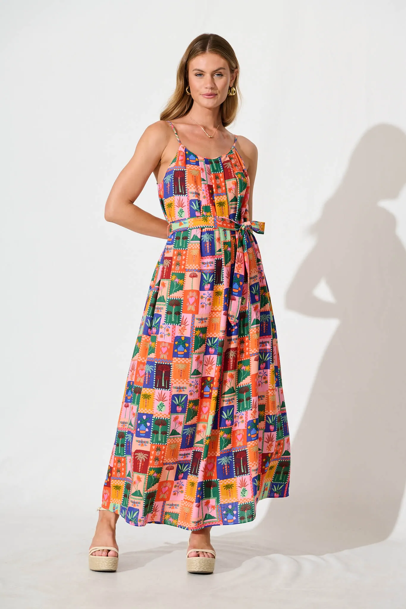Selerina Maxi Sundress in Bright Multi Palm Linen Blend sold by St Frock