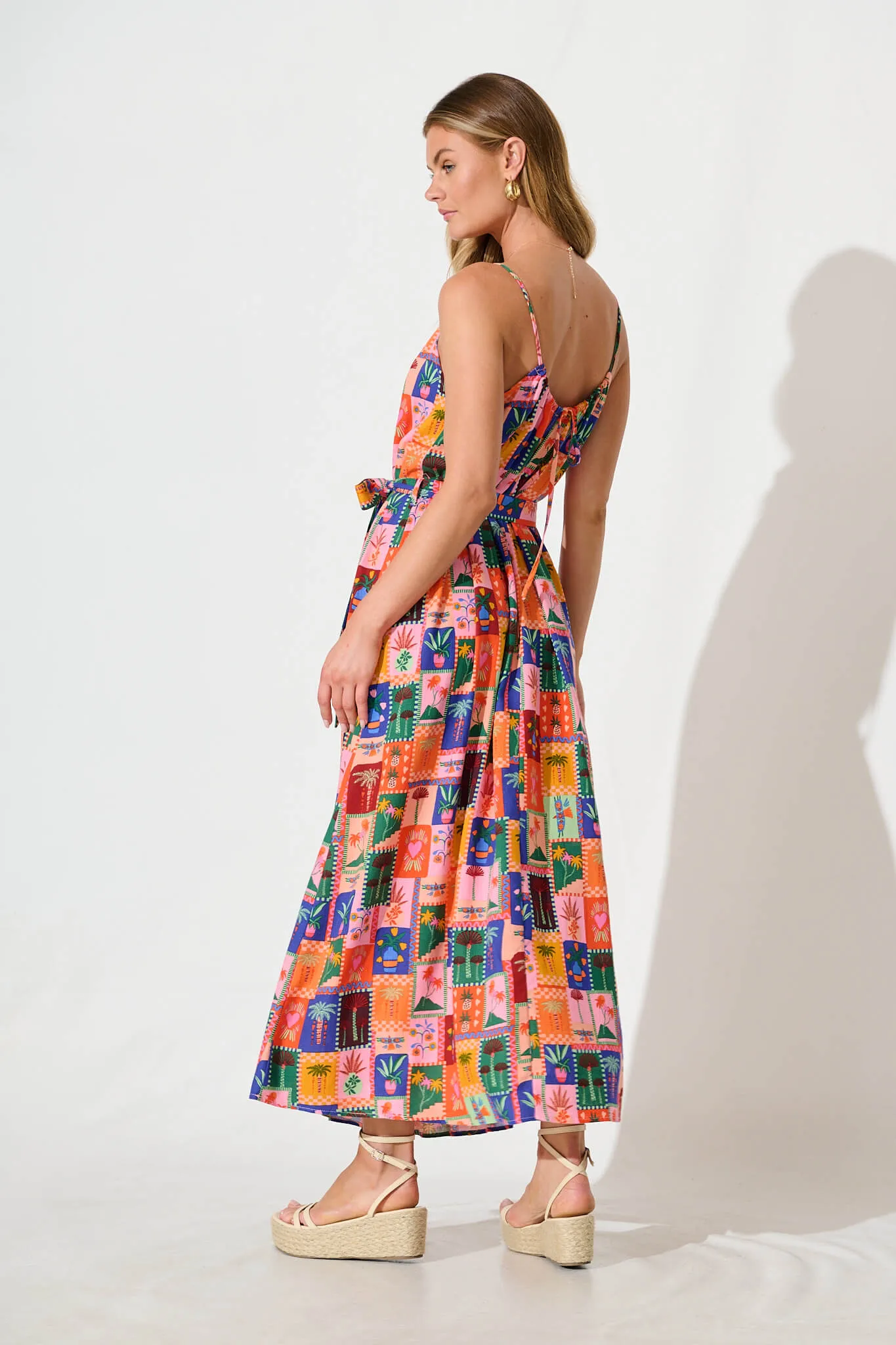 Selerina Maxi Sundress in Bright Multi Palm Linen Blend sold by St Frock product image thumbnail 4