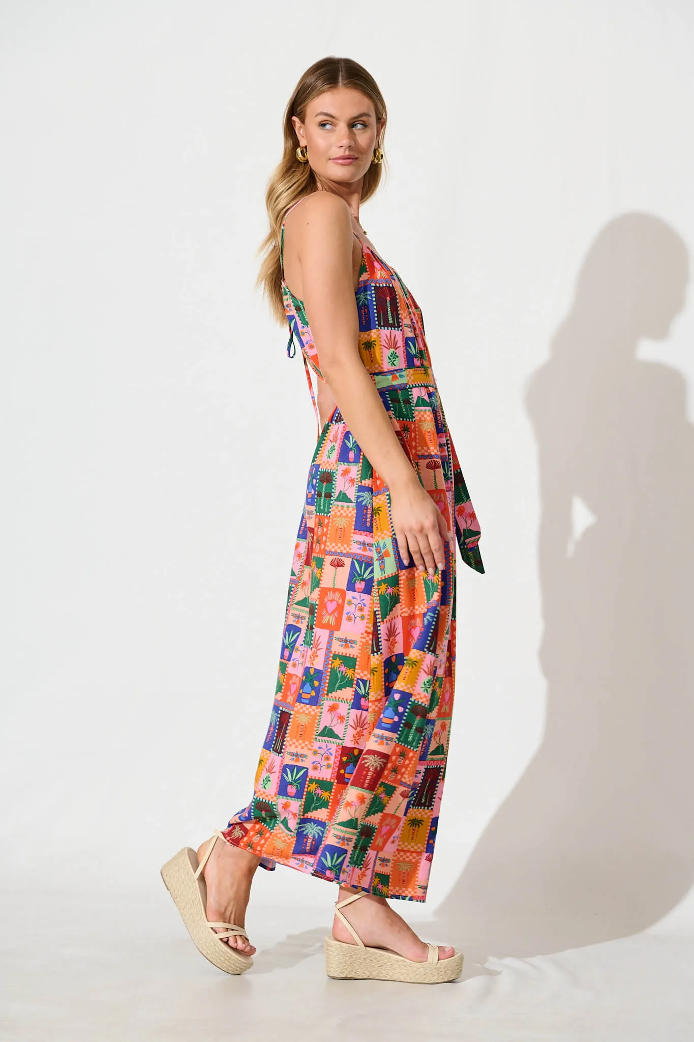 Selerina Maxi Sundress in Bright Multi Palm Linen Blend sold by St Frock product image thumbnail 3