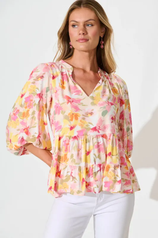 Talena Top in Multi Pink Floral sold by St Frock