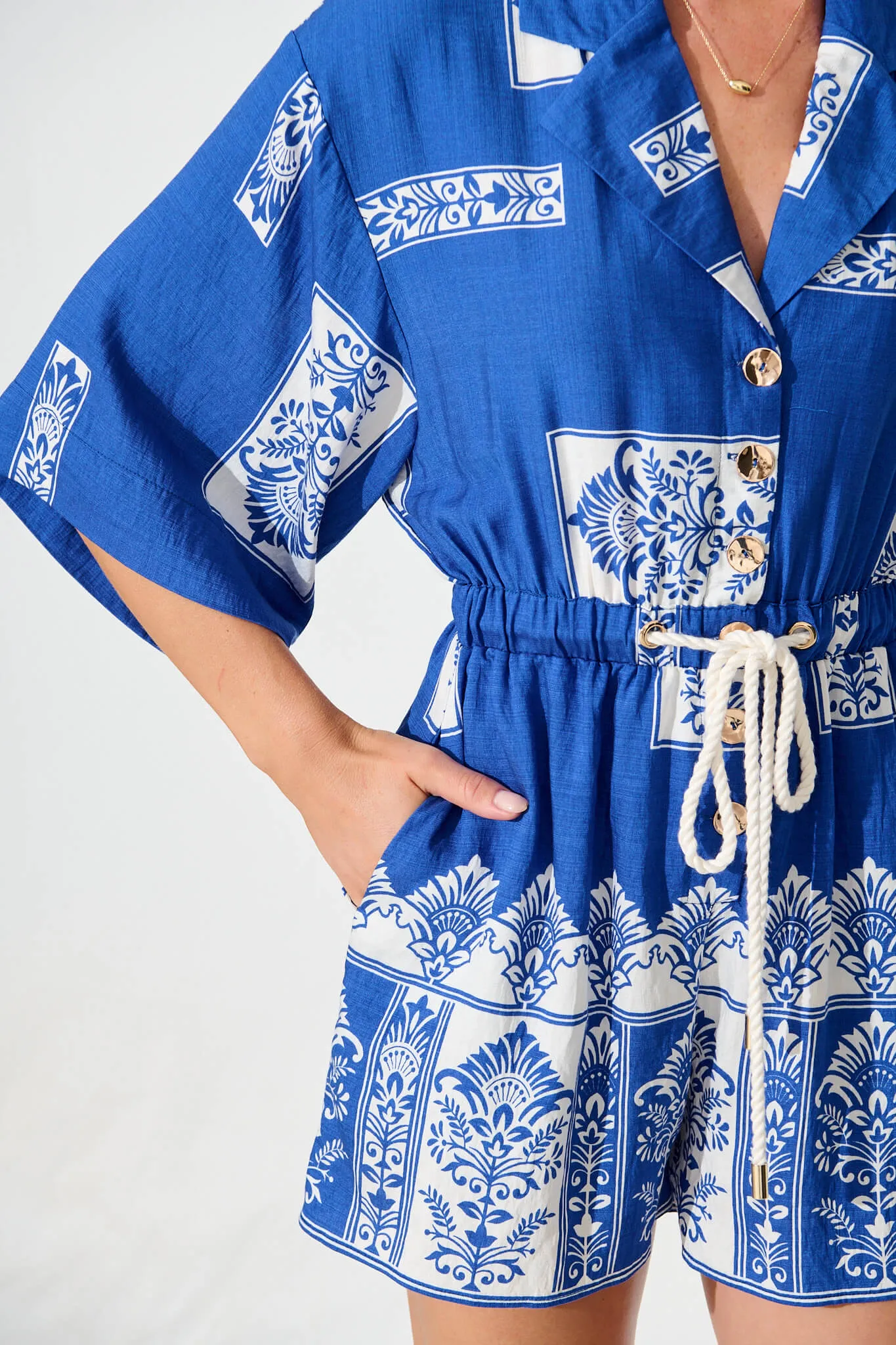 Maui Playsuit in Blue and White Border Print sold by St Frock product image thumbnail 5
