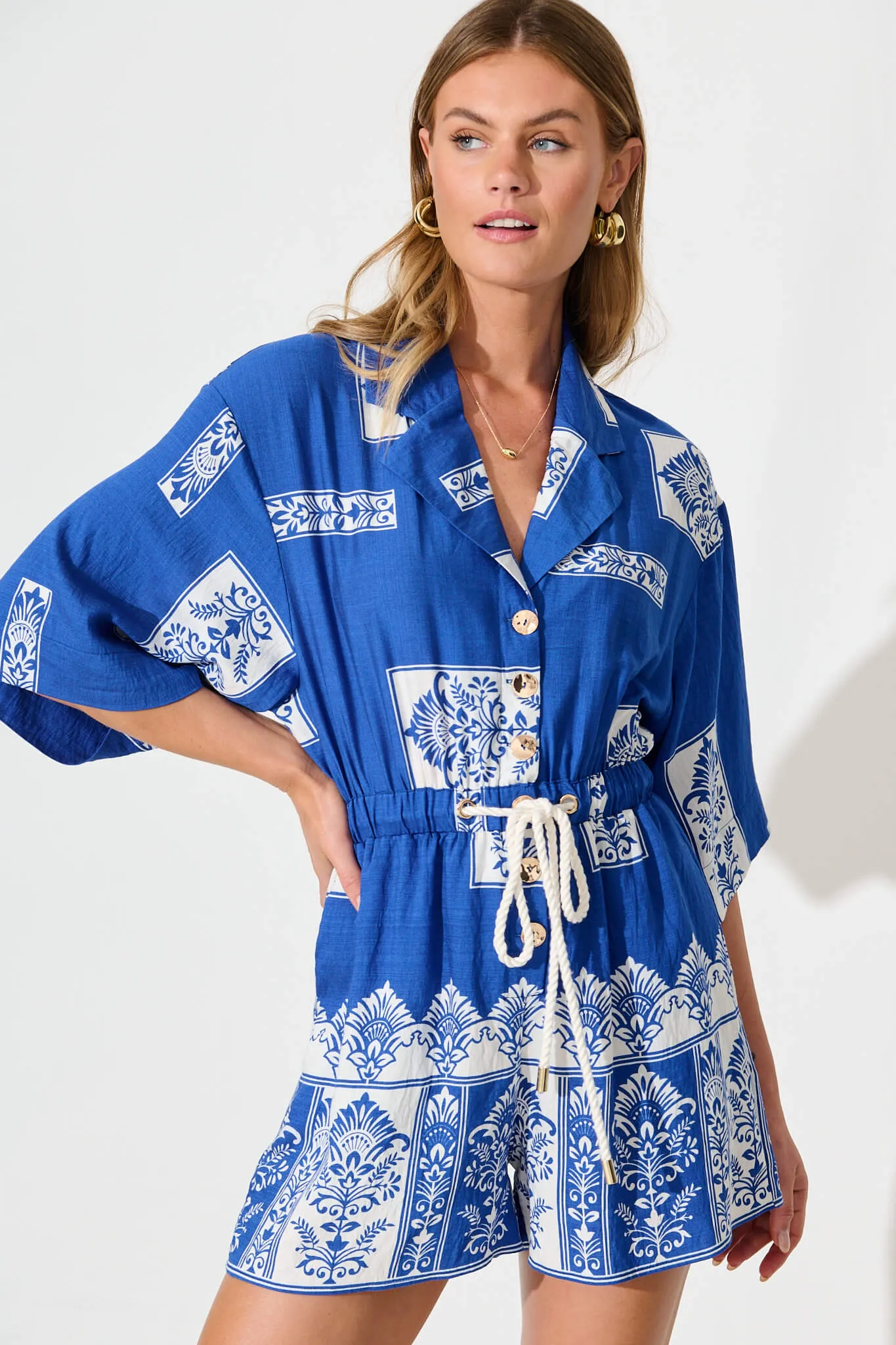Maui Playsuit in Blue and White Border Print sold by St Frock product image thumbnail 2