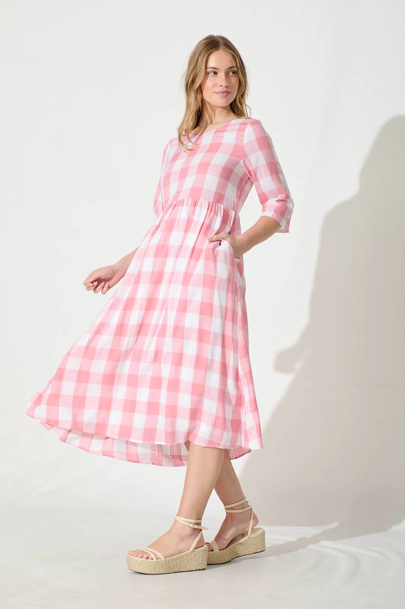 Zara Midi Smock Dress in Pink with White Gingham Cotton sold by St Frock product image thumbnail 3