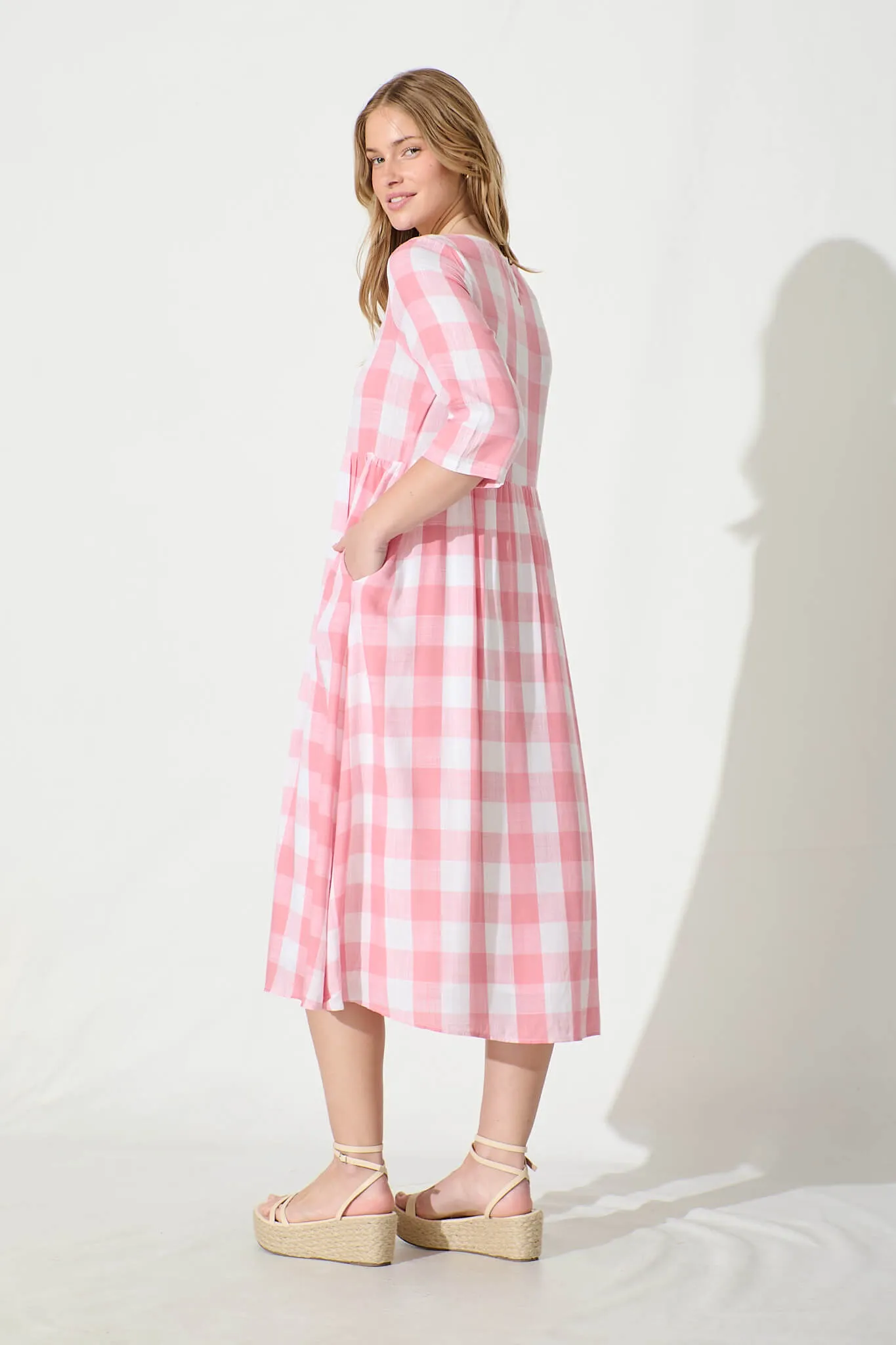 Zara Midi Smock Dress in Pink with White Gingham Cotton sold by St Frock product image thumbnail 4