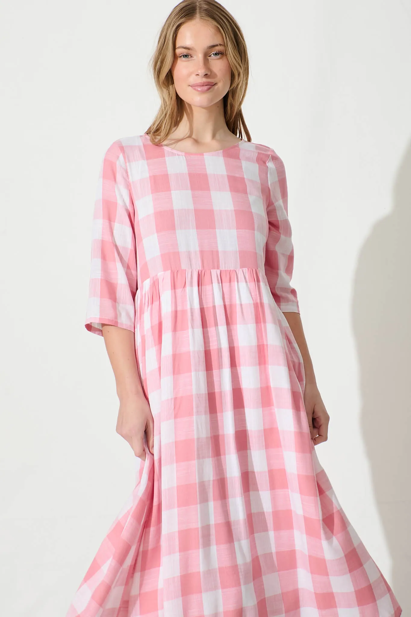 Zara Midi Smock Dress in Pink with White Gingham Cotton sold by St Frock product image thumbnail 2
