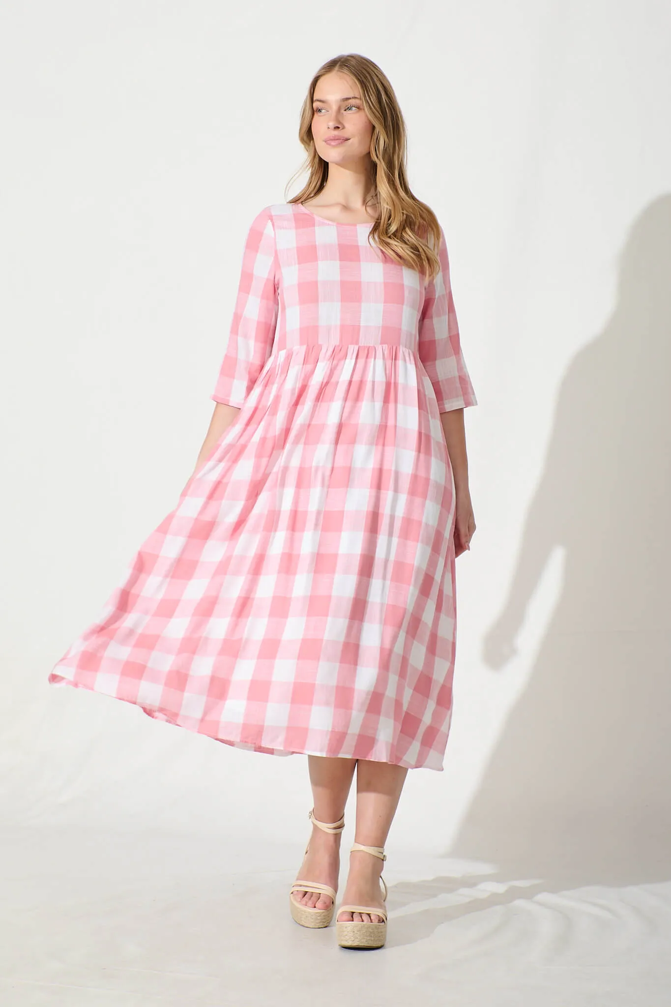 Zara Midi Smock Dress in Pink with White Gingham Cotton sold by St Frock