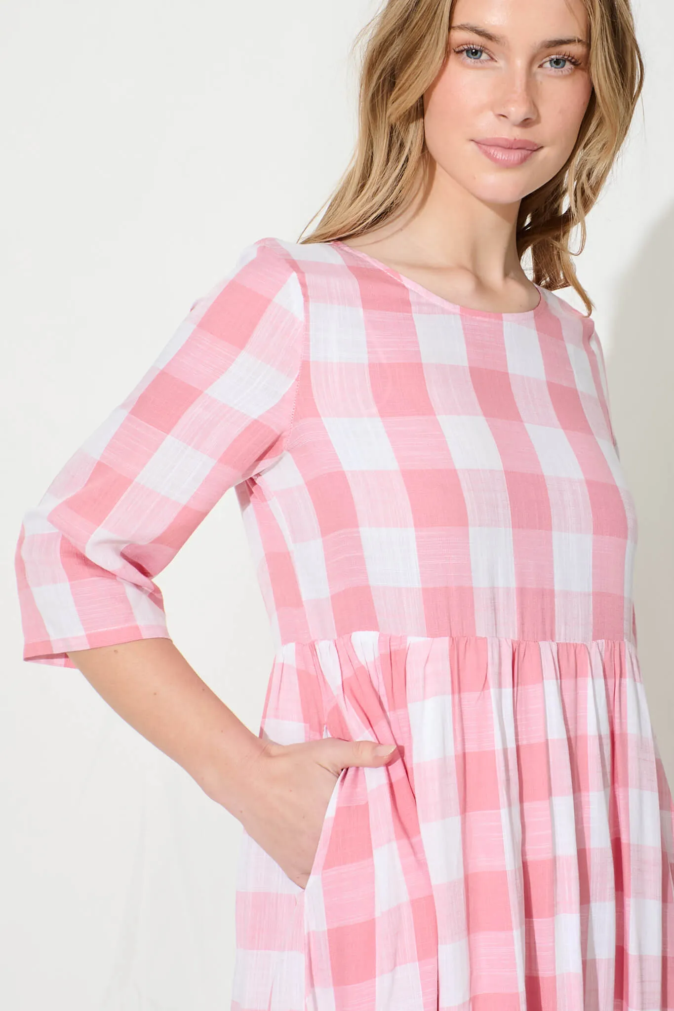 Zara Midi Smock Dress in Pink with White Gingham Cotton sold by St Frock product image thumbnail 5