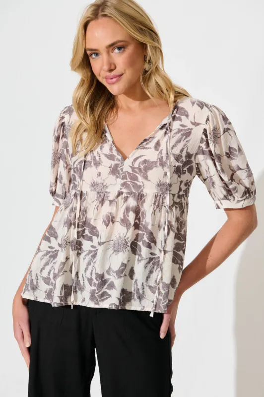 Nalini Top in White with Black Flower sold by St Frock