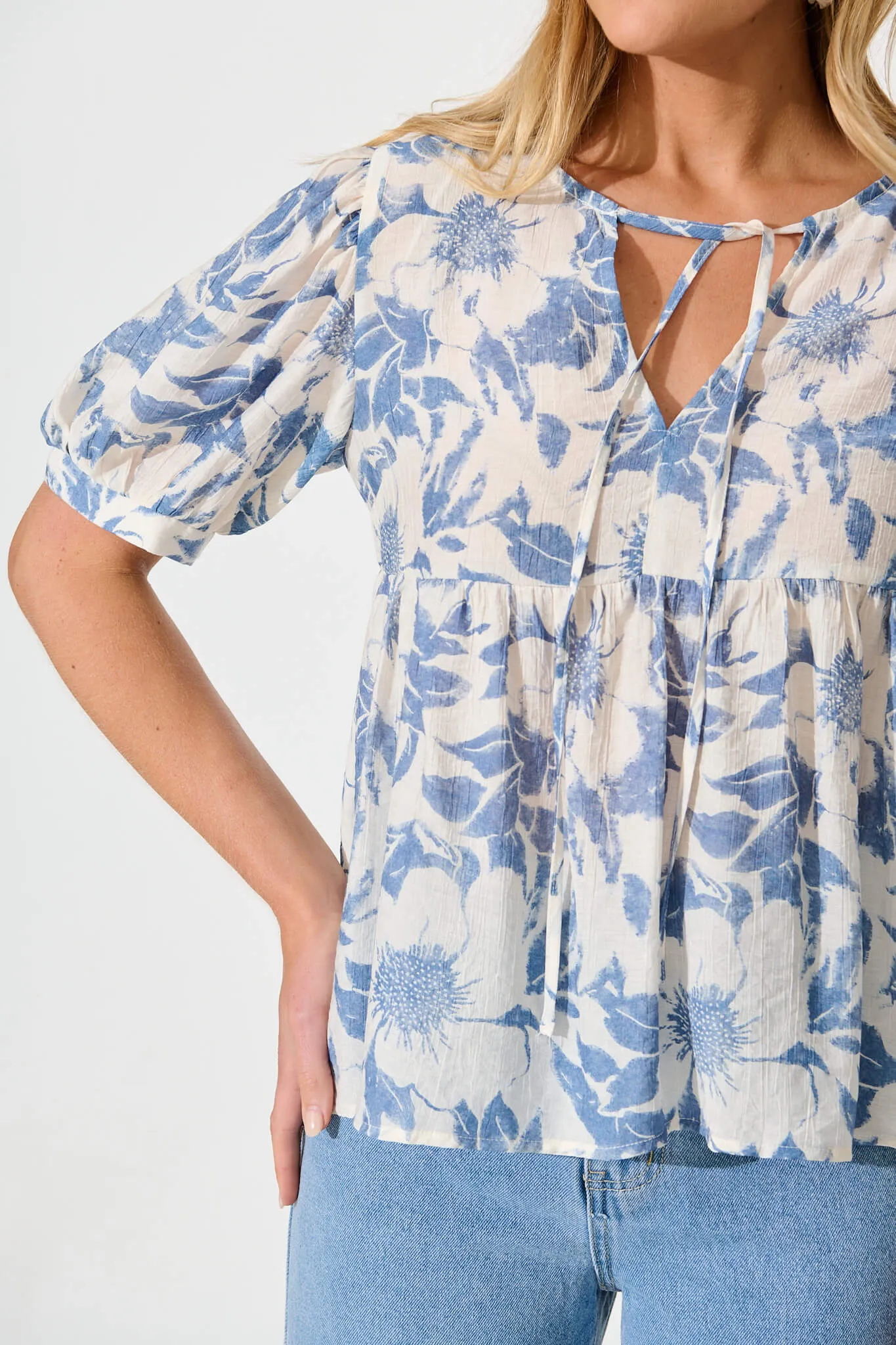 Nalini Top in White with Blue Flower sold by St Frock product image thumbnail 5