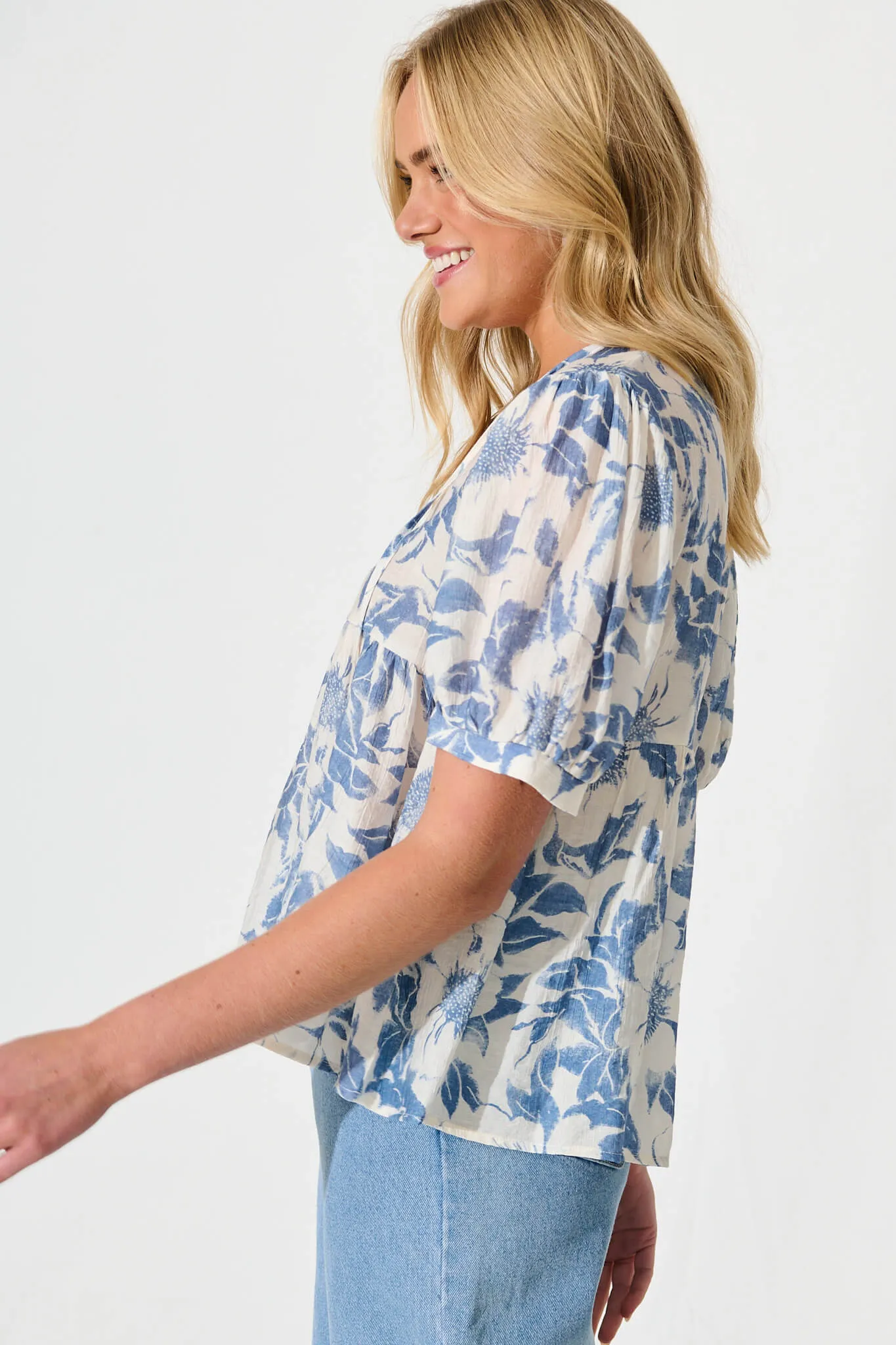 Nalini Top in White with Blue Flower sold by St Frock product image thumbnail 2