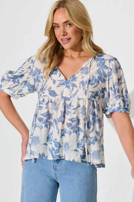 Nalini Top in White with Blue Flower sold by St Frock