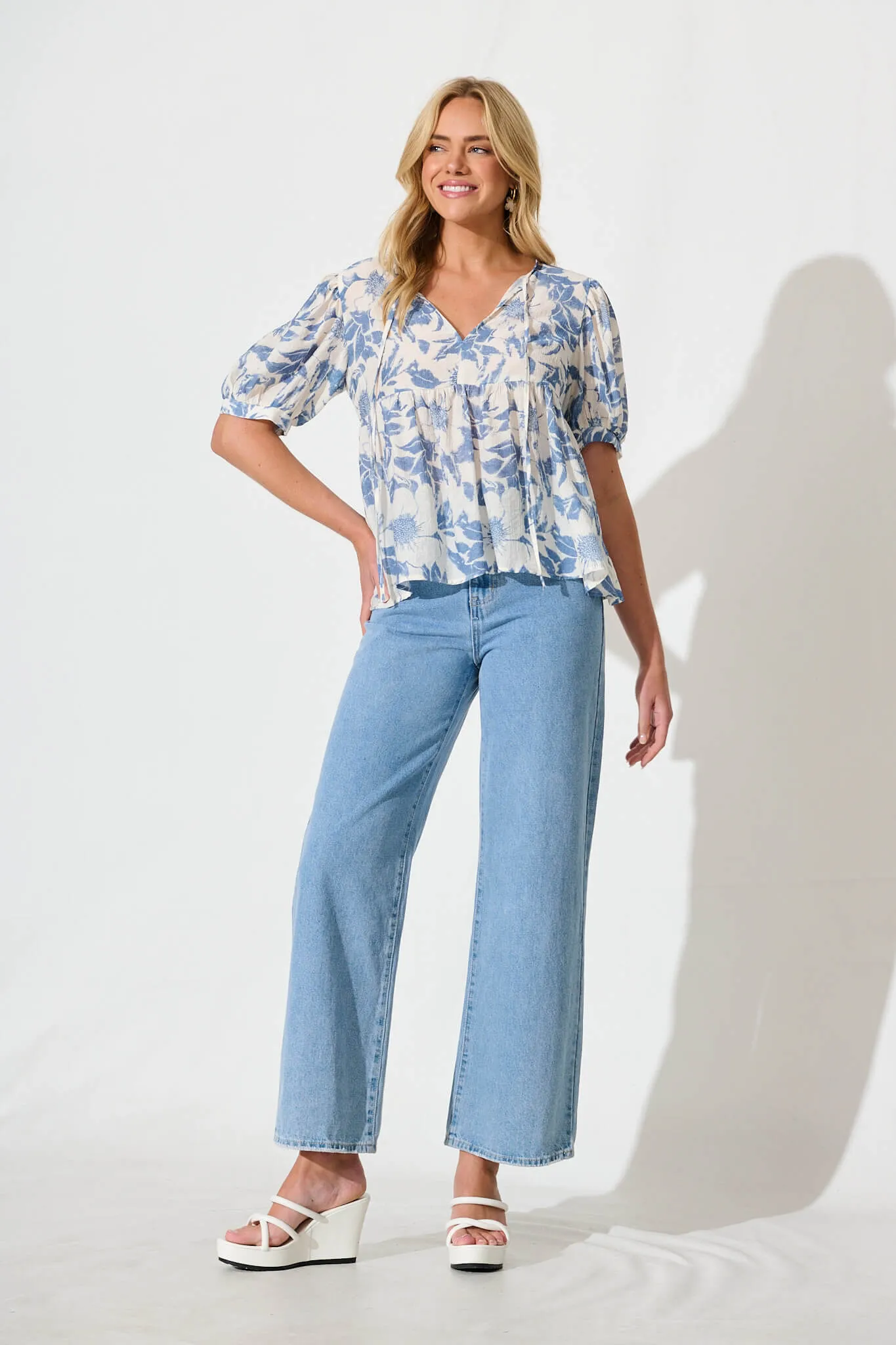 Nalini Top in White with Blue Flower sold by St Frock product image thumbnail 4