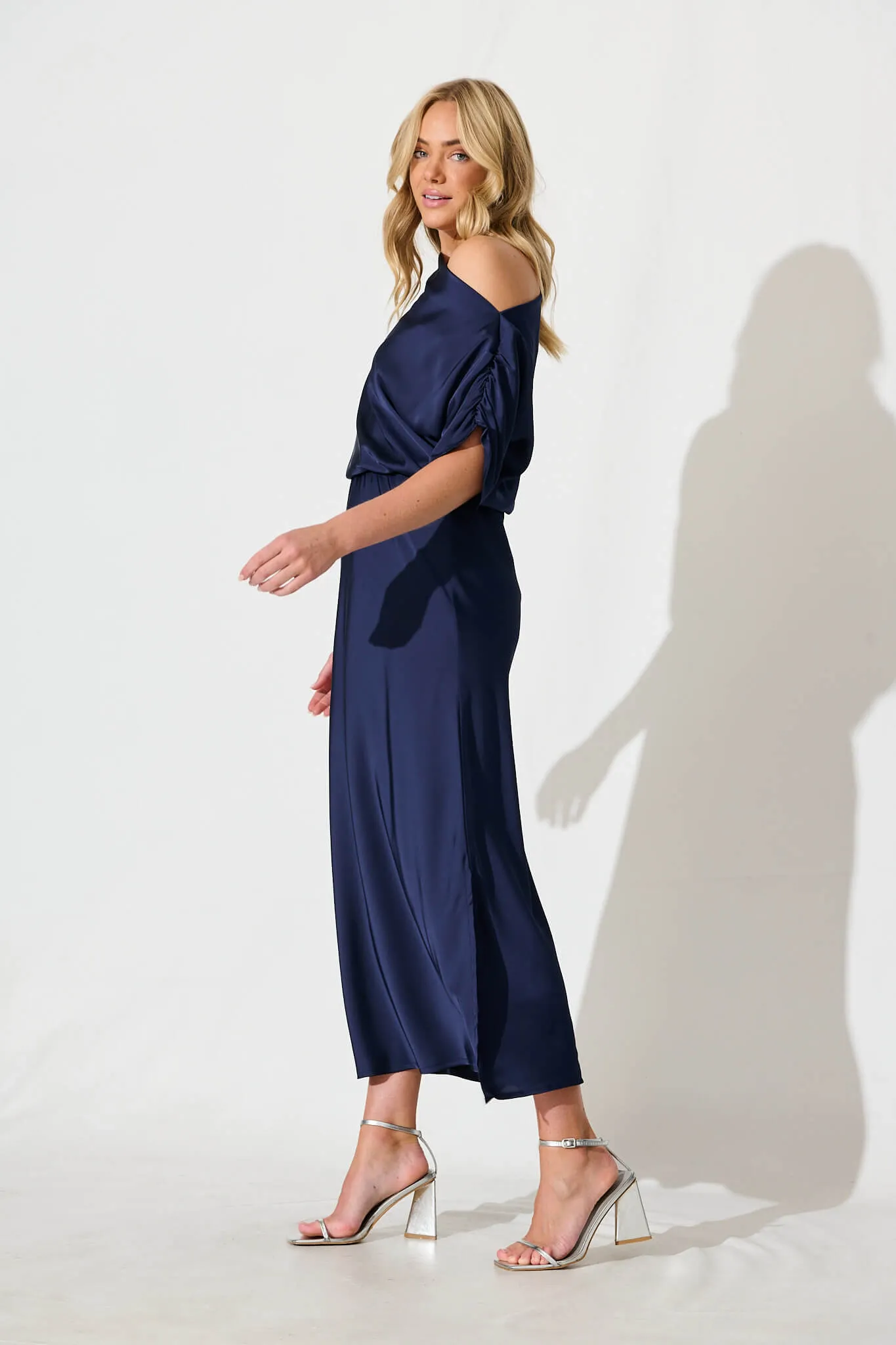 Sarita Maxi Off Shoulder Dress in Navy Satin sold by St Frock product image thumbnail 3