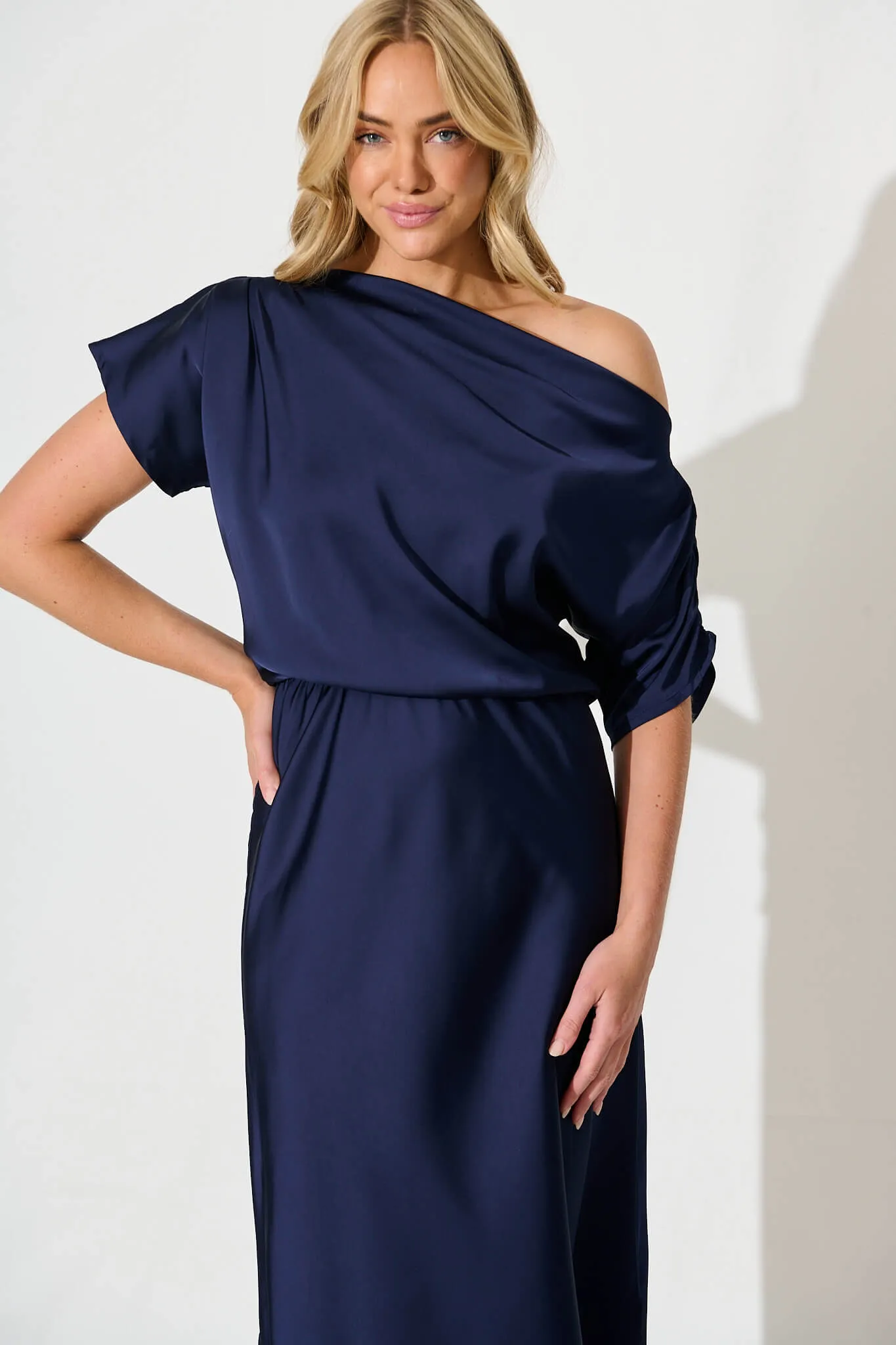 Sarita Maxi Off Shoulder Dress in Navy Satin sold by St Frock product image thumbnail 2