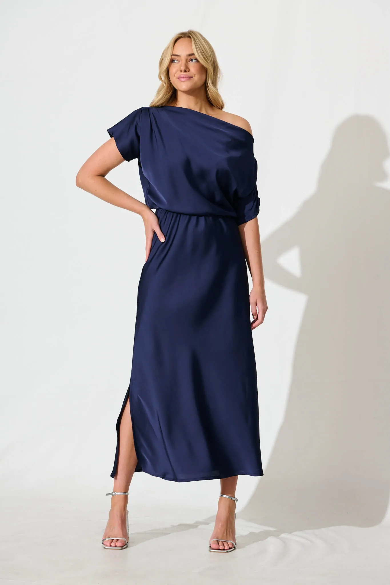Sarita Maxi Off Shoulder Dress in Navy Satin sold by St Frock