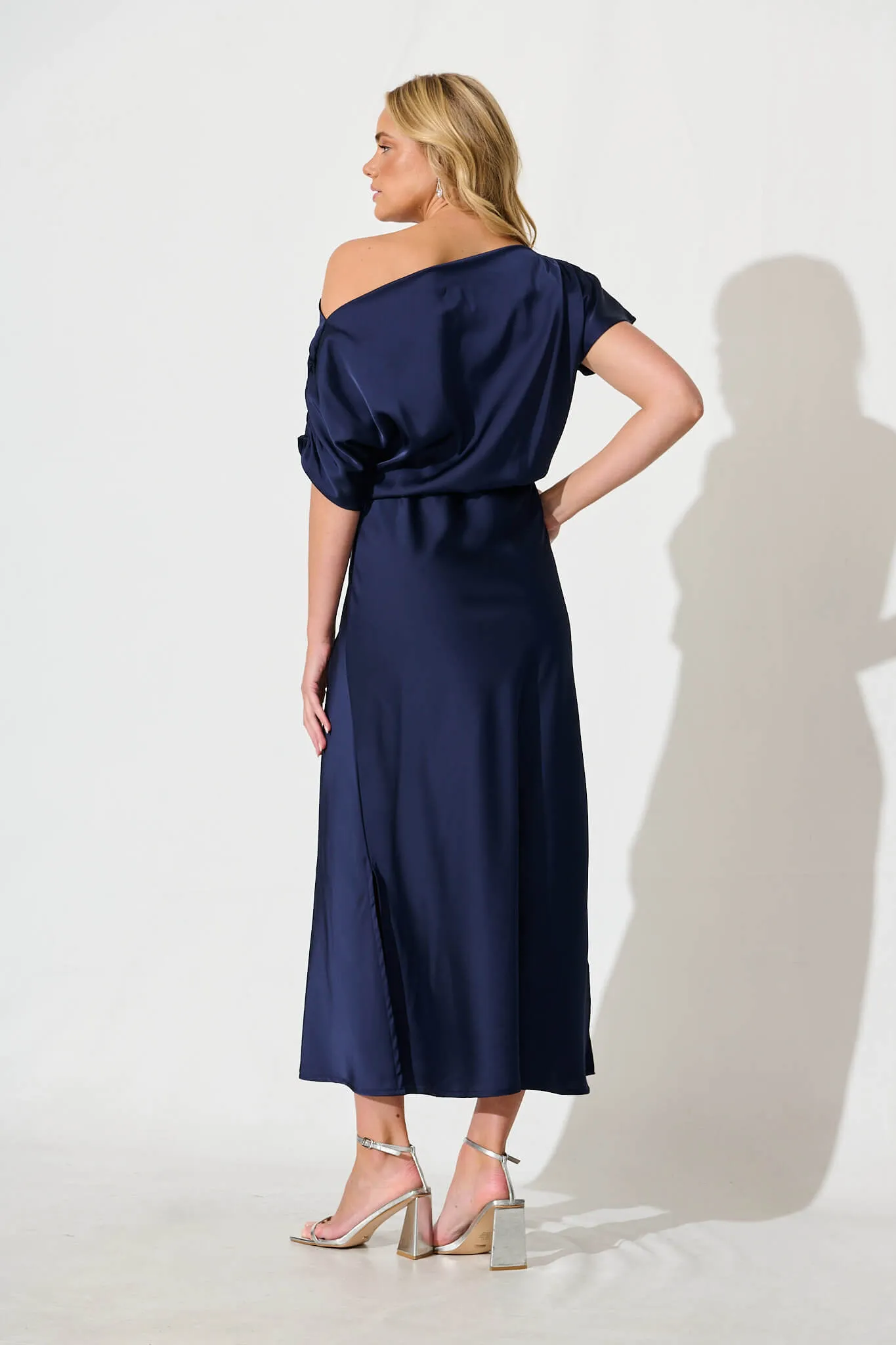 Sarita Maxi Off Shoulder Dress in Navy Satin sold by St Frock product image thumbnail 4