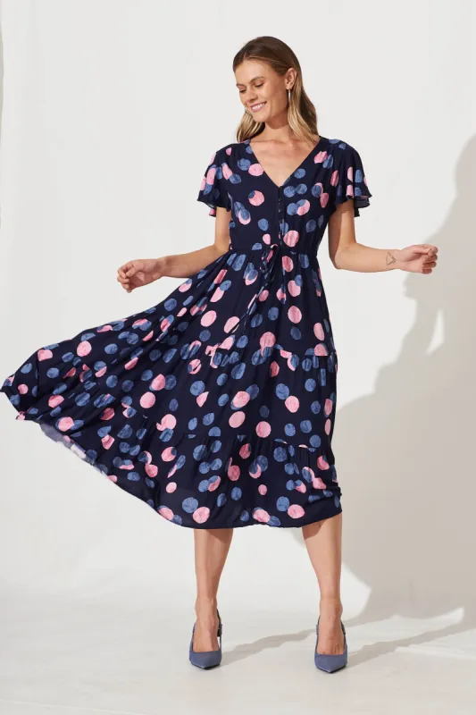 Saturday Midi Dress In Navy With Pink And Blue Spot sold by St Frock