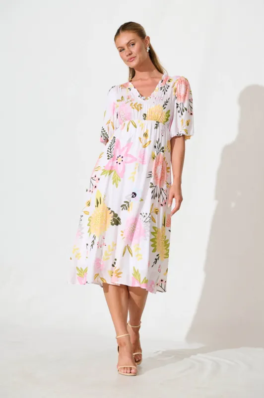 Zoisa Midi Dress in Cream Multi Floral sold by St Frock