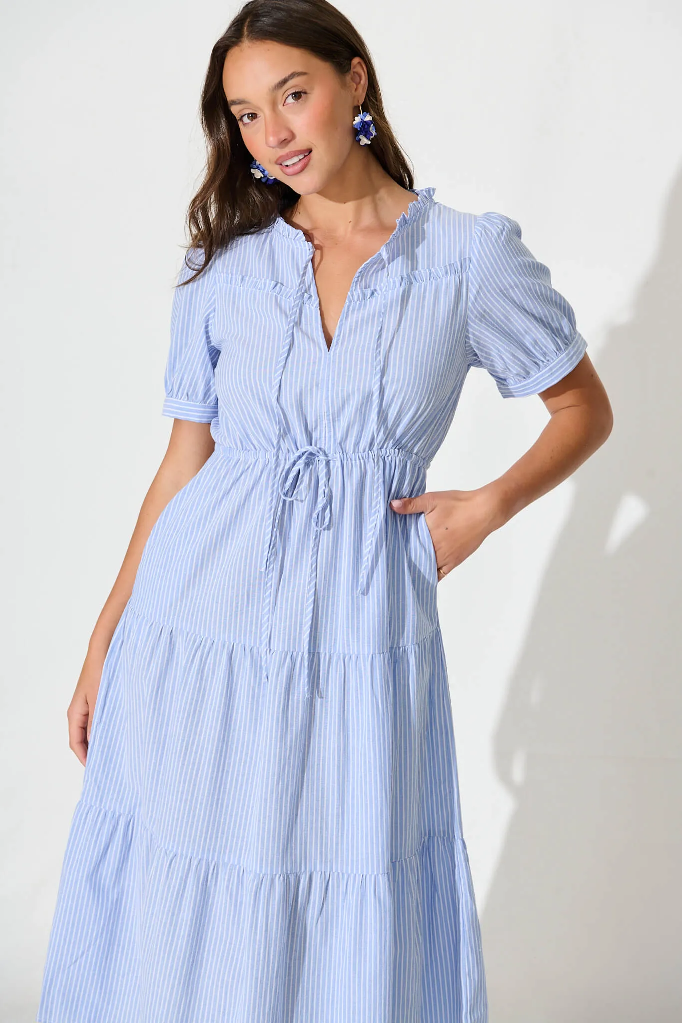 Micah Midi Dress in Blue and White Stripe Cotton Blend sold by St Frock product image thumbnail 2