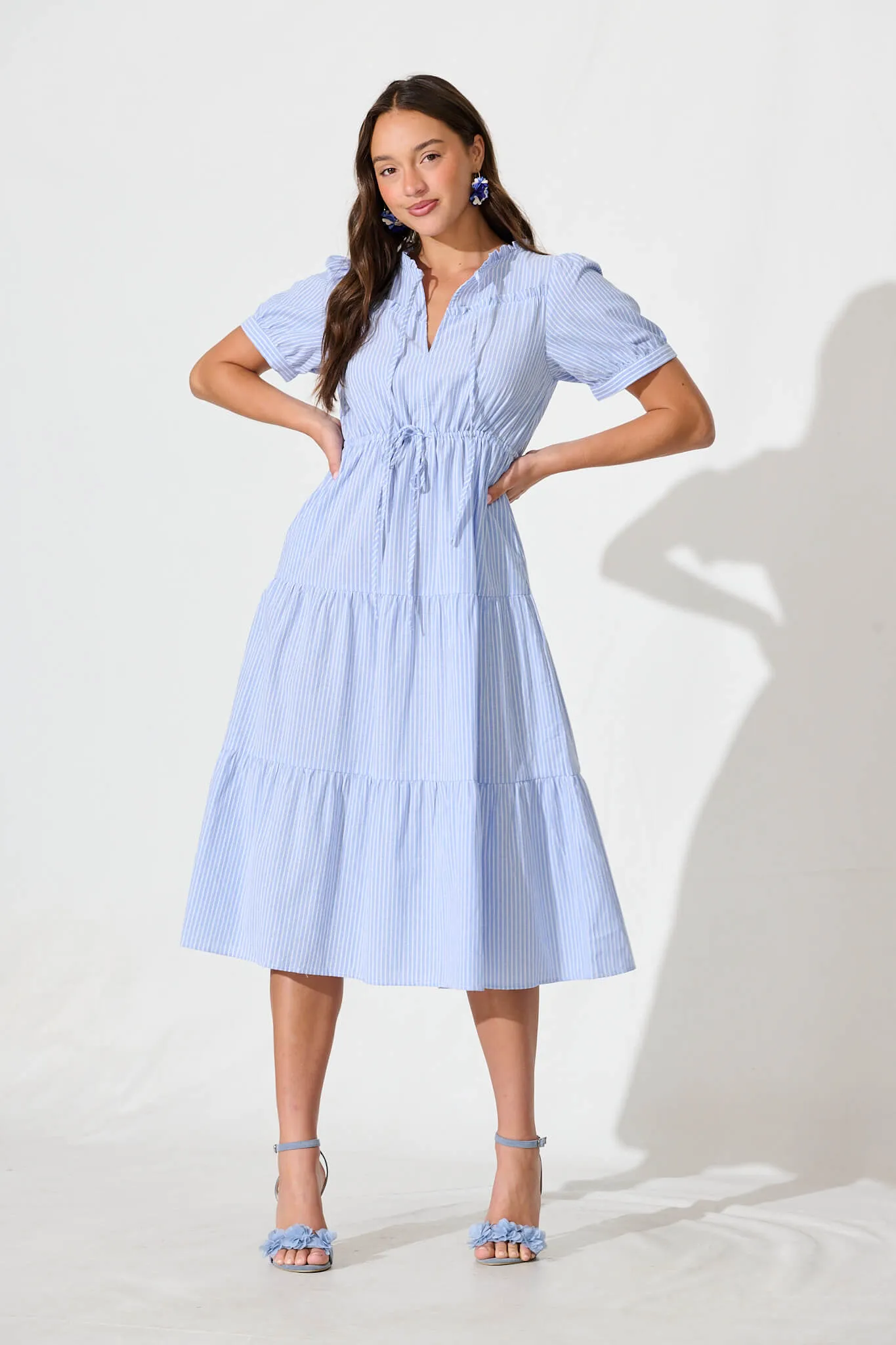 Micah Midi Dress in Blue and White Stripe Cotton Blend sold by St Frock