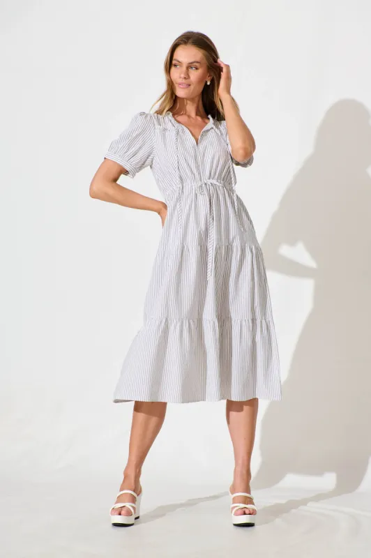 Micah Midi Dress in Black and White Stripe Cotton Blend sold by St Frock