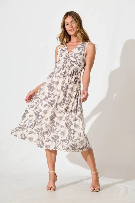Xanthia Midi Dress in White with Black Flower sold by St Frock