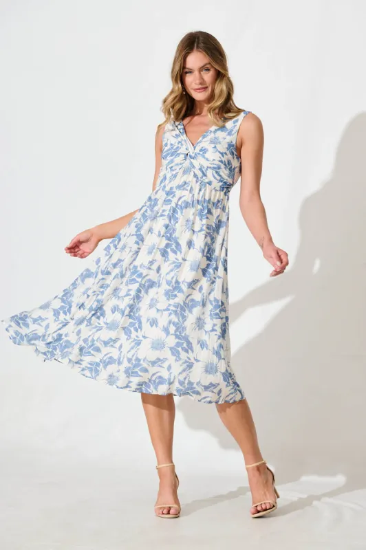Xanthia Midi Dress in White with Blue Flower sold by St Frock