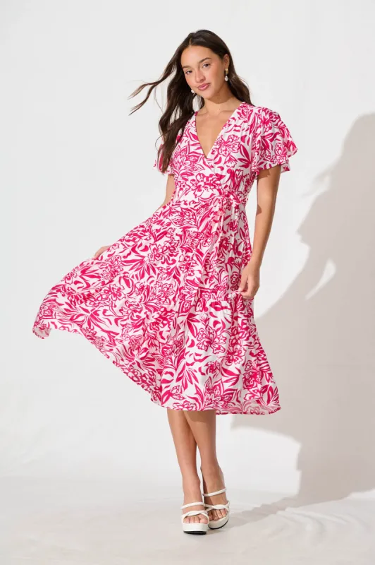 Kristianne Midi Dress In White With Pink Floral sold by St Frock