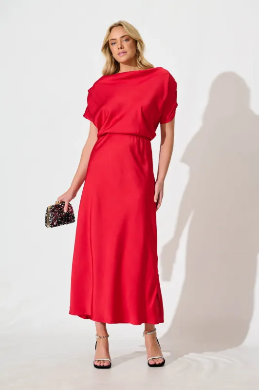 PRE ORDER Sarita Maxi Off Shoulder Dress in Red Satin sold by St Frock