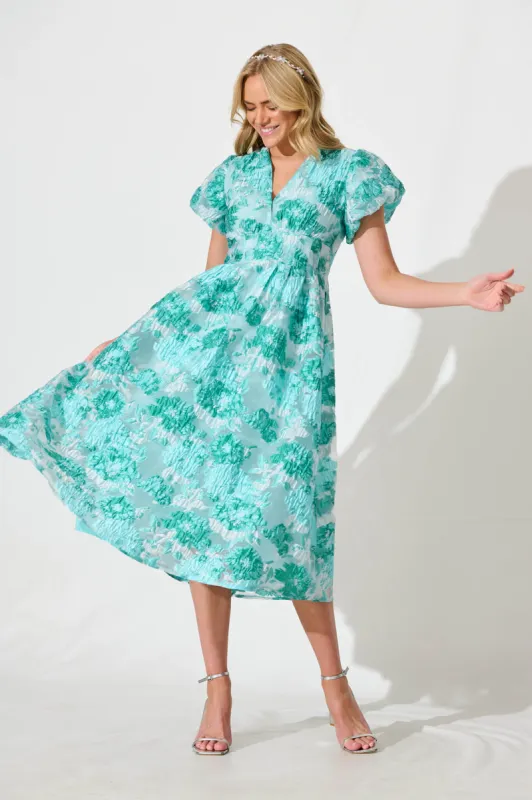 Cherish Midi Dress in Aqua Floral Organza Jacquard sold by St Frock